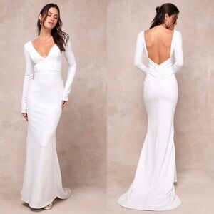 NWT Lulu’s Extravagant Love White Backless Long Sleeve Ruched Maxi Wedding Dress